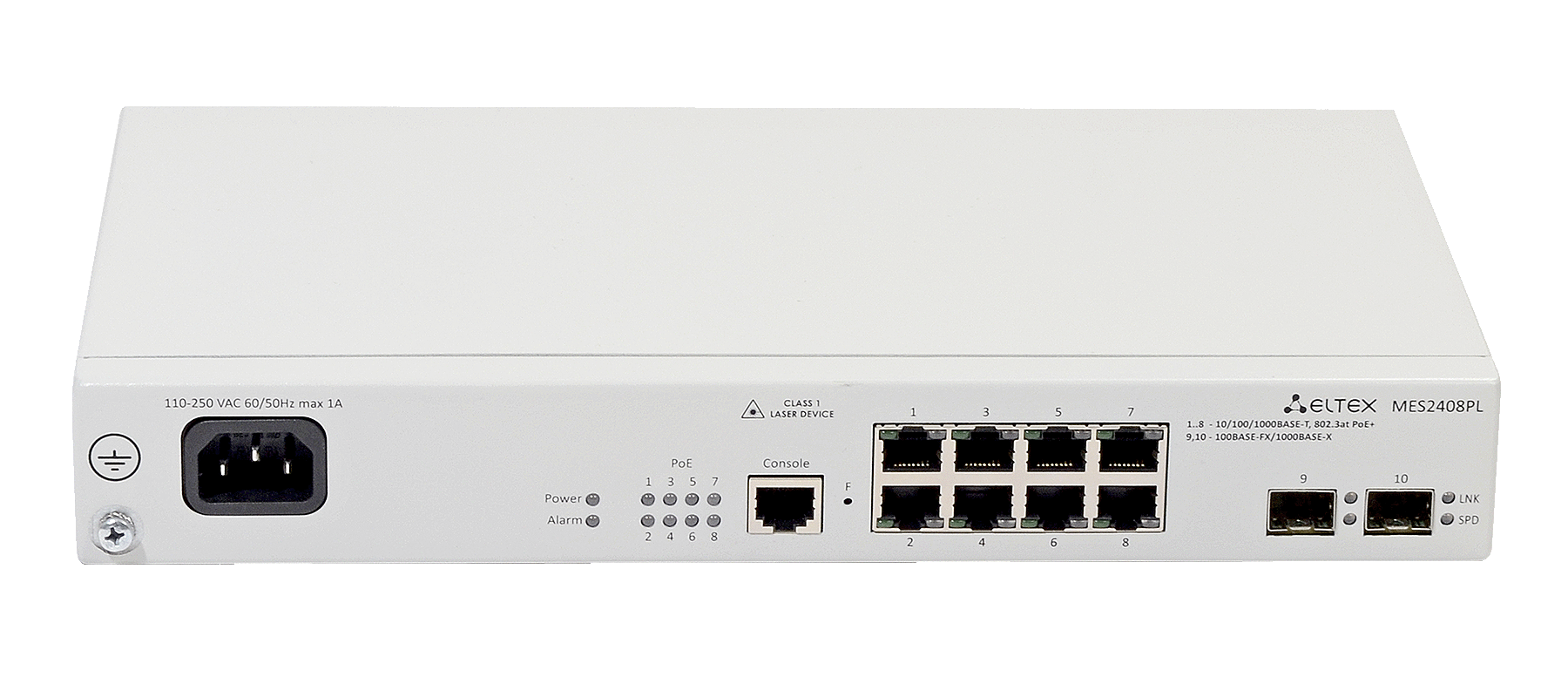 Ethernet-коммутатор MES2408PL, 8xPoE/PoE+ (1G) + 2xCombo (RJ45/SFP), L2, 220V AC